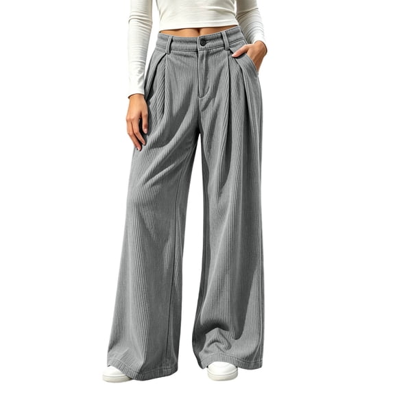 Women Corduroy Wide Leg Pants High Waist Button Zipper Pleated Trousers Loose Casual Palazzo Pants with Pockets