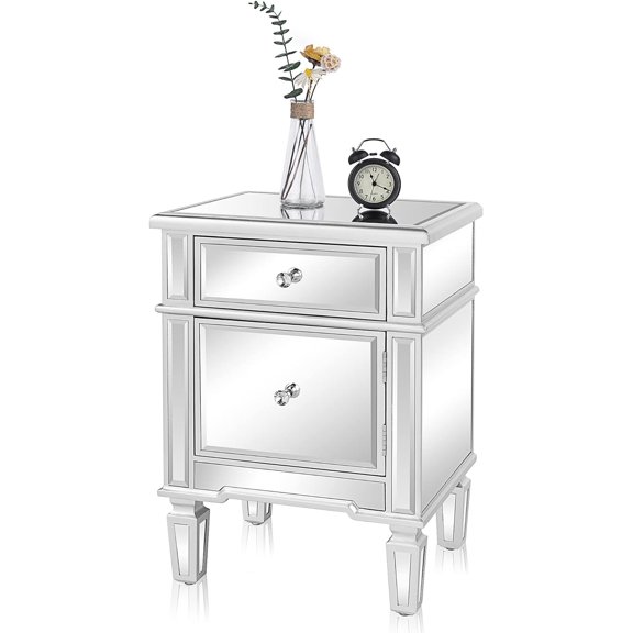 UBesGoo Modern Nightstand Mirrored Bedside Table with 1 Drawer and 1 Cabinet Door for Bedroom, Silver