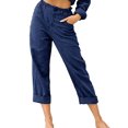 thumbnail image 2 of Womens Casual Linen Capri Cargo Pants Loose elastic Waist ankle Cropped Trouser with Pockets and Button, 2 of 5