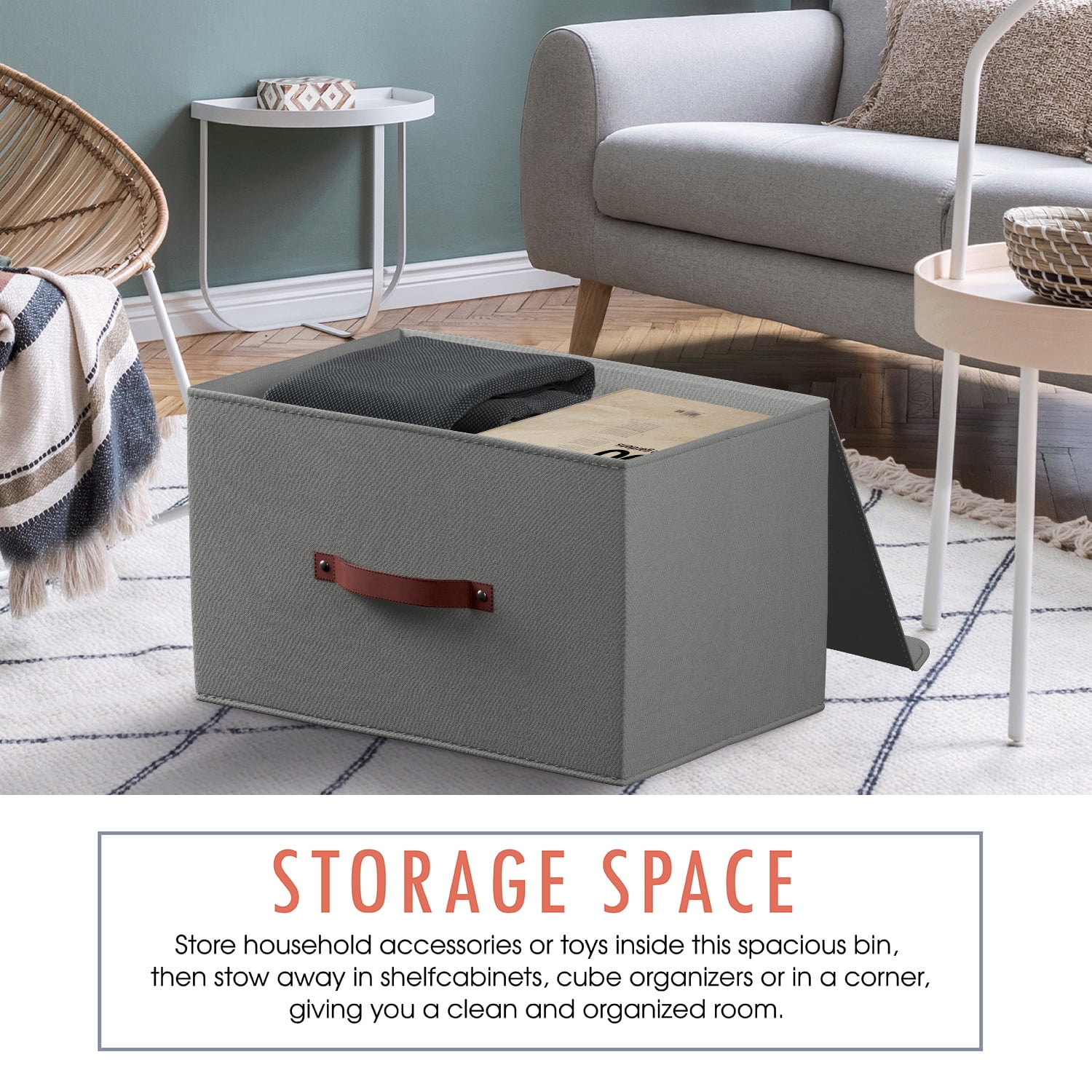 Ornavo Home Foldable Collapsible Large Storage Box Bins Linen Fabric Shelf Basket Cube Organizer with Leather Handles and Lid - Set of 6 - 15 x 10 x 9