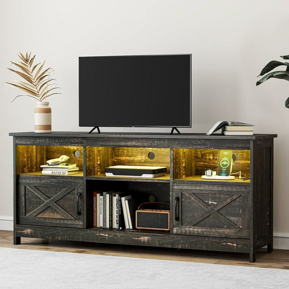 DEXTRUS 59" Farmhouse-Inspired TV Stand with Power Outlet, LED-Lit Media Console, Simplistic TV Cabinet for Living Room or Bedroom, Dark Rustic Oak, 59 Inch
