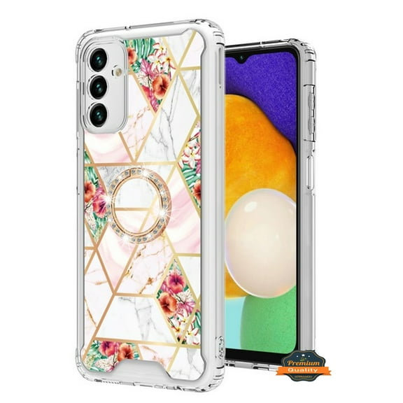 For Samsung Galaxy A13 5G Fashion Design Pattern Flowers Hybrid Ring Kickstand Bling Diamond Hard PC   TPU Phone Case Cover by Xpression - Marble Pink Flowers