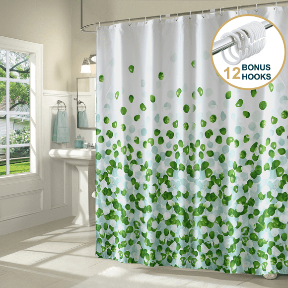 ComfiTime Shower Curtain - Heavy Duty Mildew-Resistant Fabric Bathroom Curtain, Waterproof, Machine-Washable, Weighted Hem, Rose Petal Floral Design, 72" W x 72” H,Green