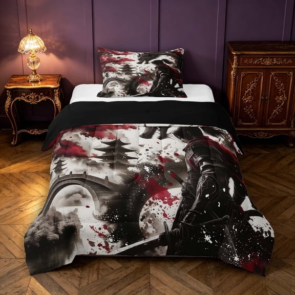 Manfei Japanese Samurai Dragon Animals Twin Comforter Sets,Cherry Blossom Bedding Set,Red Gray,Black Reversible,2pcs,1 Comforter and 1 Pillowcase