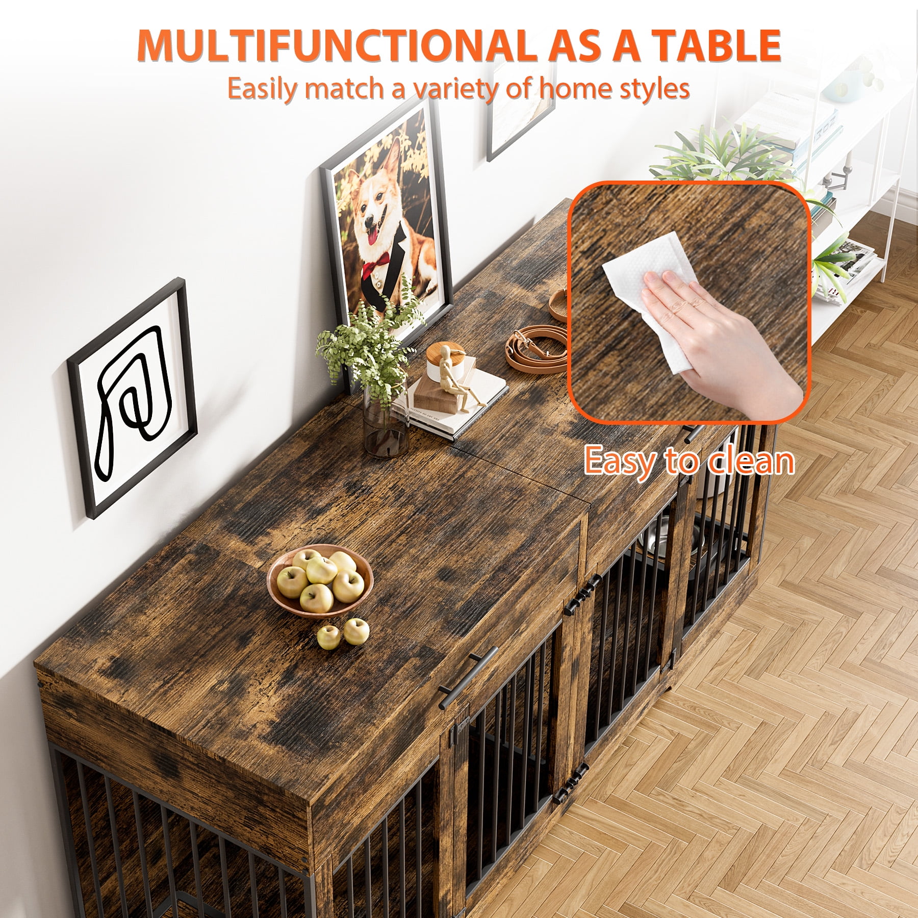 Rophefx 72" Dog Crate Furniture for 2 Dogs,Large Kennel with 2 Drawers and 4 Bowls,Wooden Heavy Duty Indoor Dog House,Brown