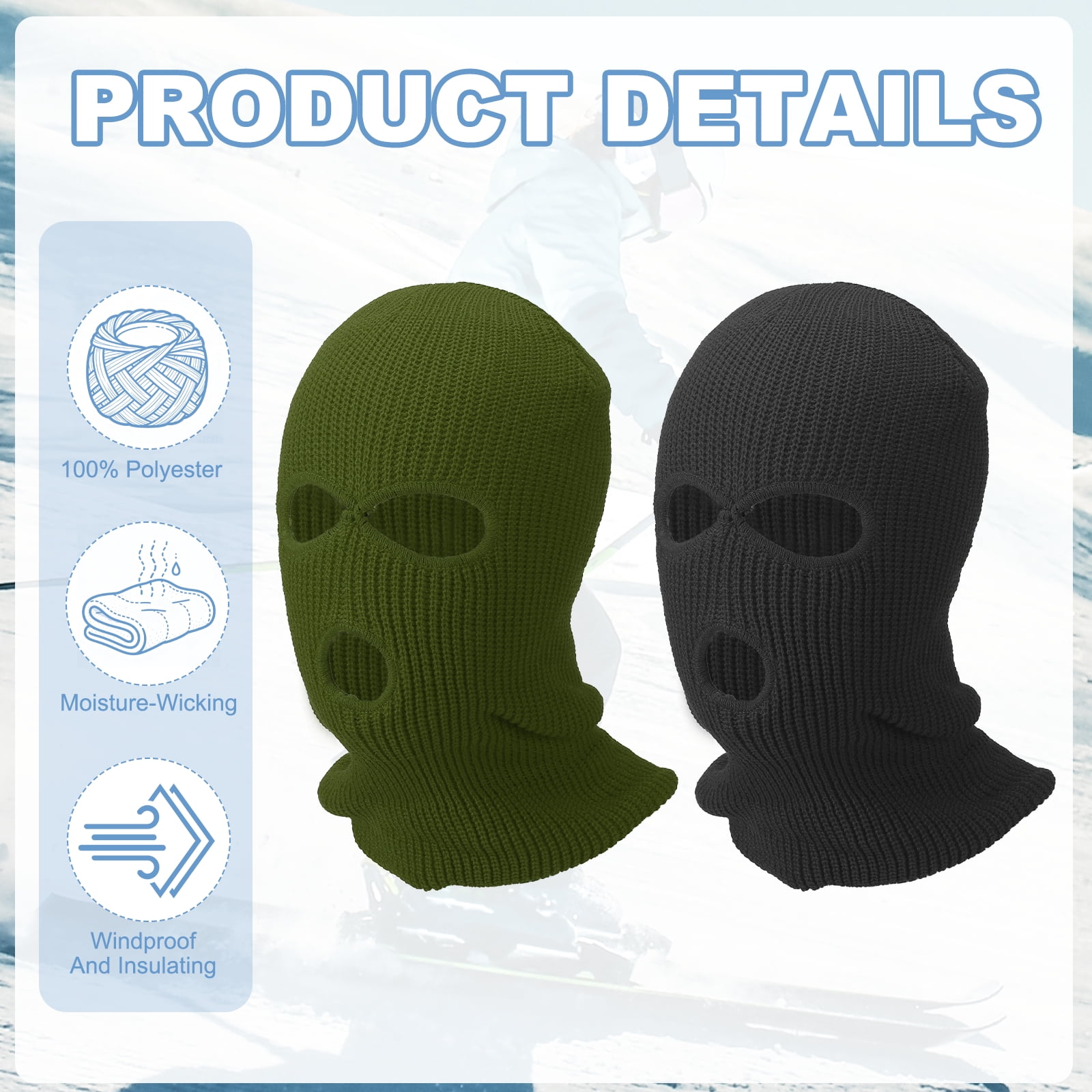 Uxcell 3-Hole Full Face Mask Cover, Ski Mask Knitted Warm Knit Cover Winter Balaclava Face Mask Cap Ski Polyester& 2 Pcs& Black/Dark Green -Fitting for ( Men/Women/Ourdoor Sports/Skiing)