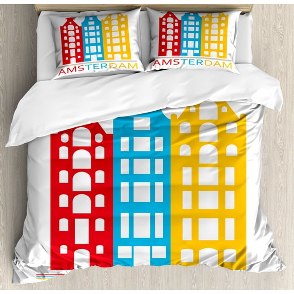 Amsterdam Duvet Cover Set King Size, Amsterdam Wording with Long Symbolic Building, Decorative 3 Piece Bedding Set with 2 Pillow Shams, Sky Blue Earth Yellow Dark Coral White, by Ambesonne