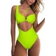 thumbnail image 1 of Traje de baño de una pieza Monokini de corte alto con espalda fruncida y un hombro para mujer, verde neón, L Feliz Sencillez, 1 of 5