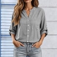 thumbnail image 4 of ClodeEU Women's Stand Collar V Neck Button Down Roll Tab Long Sleeve Striped Shirt,Casual Loose Blouse Top Black,Women's Plus L, 4 of 8