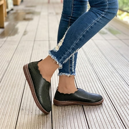 

Aayomet Women Shoes Casual Slip on Ladies Fashion Solid Color Printing Leather Round Toe Comfortable Flat Casual Shoes Black 8