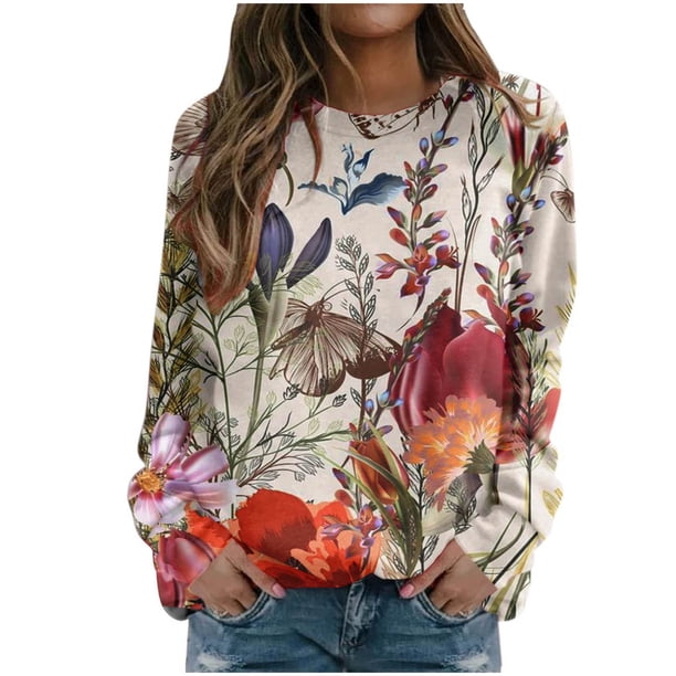 Sudadera Para Mujer Sudaderas Con Cuello Redondo Otoño Moda Casual Estampado de Flores Camiseta de Manga Larga Top Blusa Jersey Odeerbi ODB150543