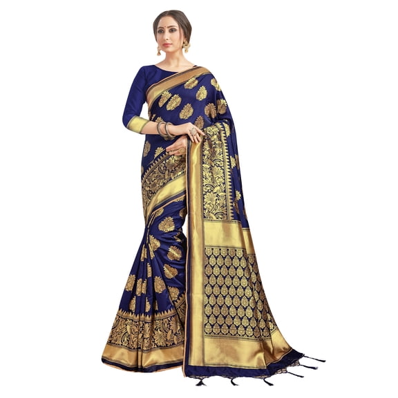 Sarees for Women Banarasi Art Silk Woven Sari - Indian Gift Diwali Festival Saree with Unstitched Blouse Navy Blue