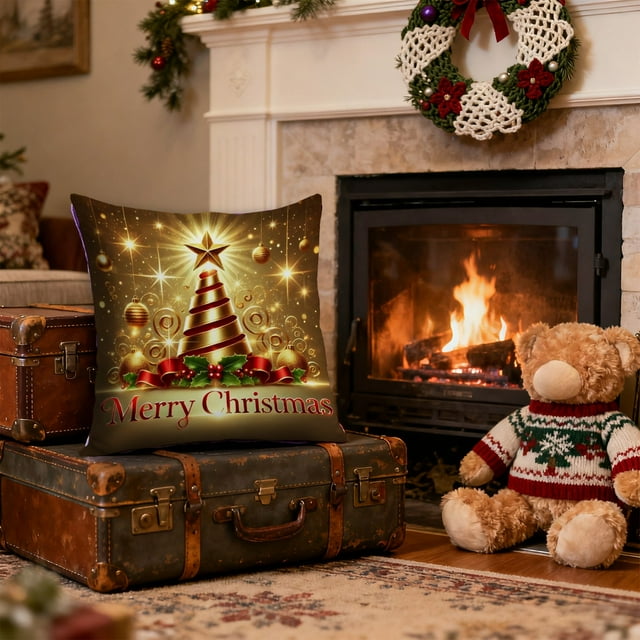 Seyotauo Christmas Pillow Cover 18×18 Inches Polyester with Hidden Zipper Festive Christmas Decorations Indoor Holiday Decor Cushion Cover for Sofa Home Christmas Seasonal Decor
