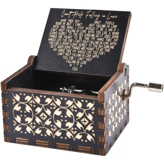 Can't Help Falling in Love Wood Music Box, Antique Engraved Musical Boxes Case for Love One Wooden Music Box - Gifts for Lover, Boyfriend, Girlfriend, Husband, Wife (Black)