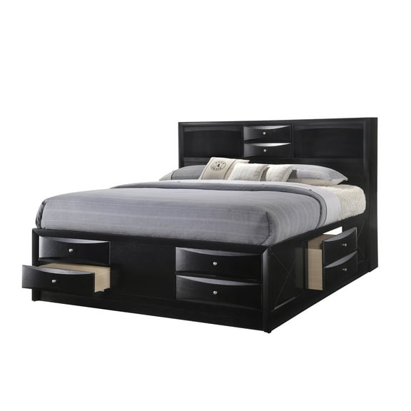 Transitional Black Finish 1pc King Size Bed 8 Storage Drawers Hardwood Bedroom Furniture