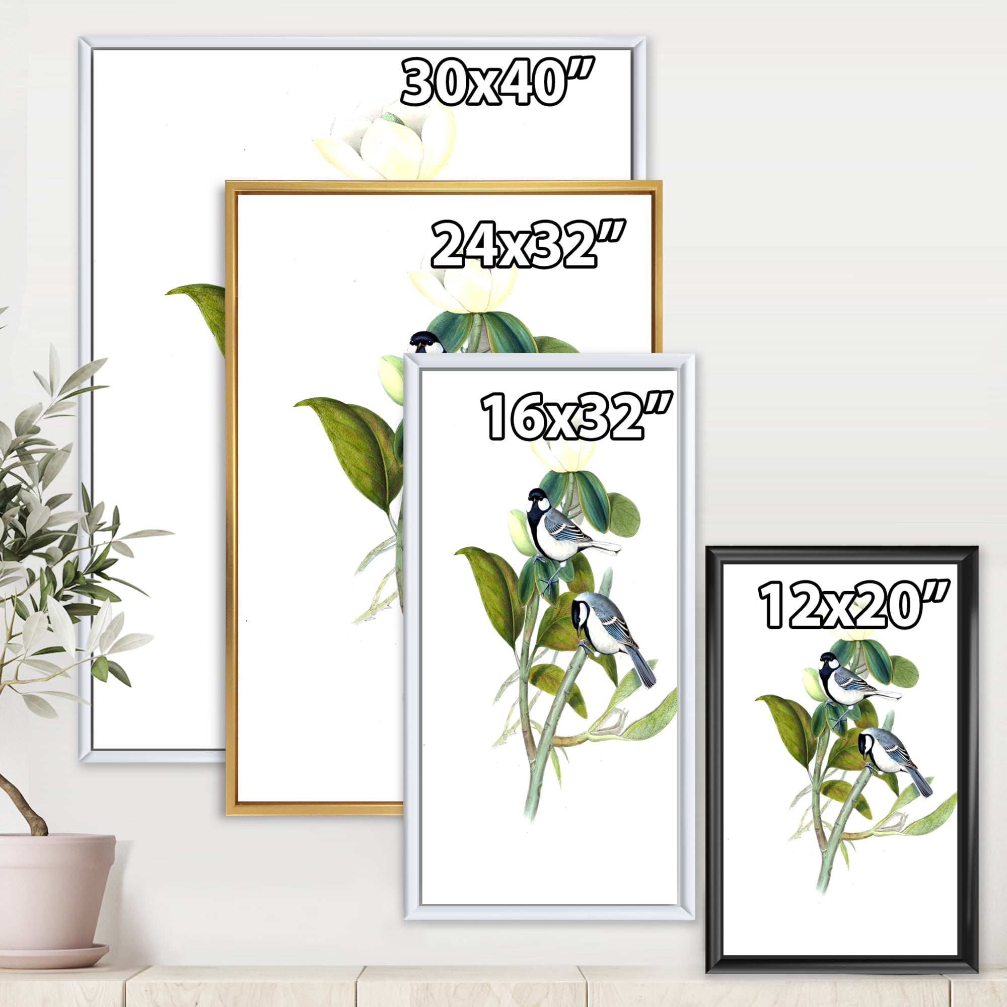 Vintage Countryside Birds On Branch I 12 in x 20 in Framed Painting Canvas Art Print, by Designart
