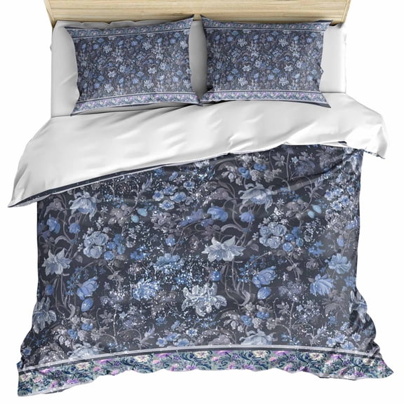 Navy Blue Floral Bedding 3 Piece Duvet Cover Set Queen Size, Ethnic Tribe Abstract Art Flowers Soft Microfiber Comforter Cover with Zipper Closure & Pillowcases, Wrinkle & FadeResistant Quilt Cover