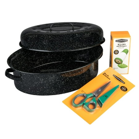 

Granite Ware 5 Piece Roasting Kit Includes: 18 in. Enamel on Steel Speckled Black Oval Roaster with Lid Herb Scissors Herb Mill and Stripper