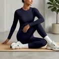 thumbnail image 6 of Women's 2 Piece Yoga Sets Long Sleeve Crew Neck Tee Tummy Control High Waist Athletic Leggings Summer Fall Gym Training Outfits Navy XL, 6 of 6