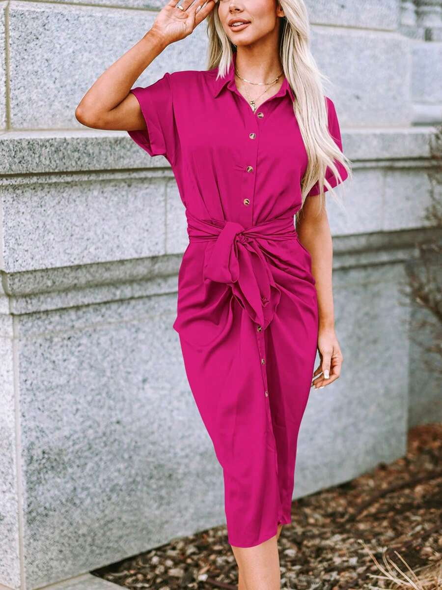 hot pink satin shirt dress With Ruched Waist And Self-Tie Belt fs b Block Printed