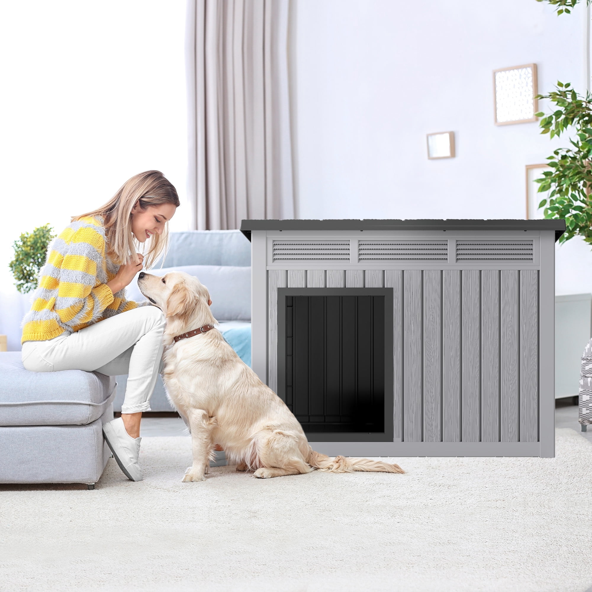 Bifanuo Waterproof Dog House, Indoor Outdoor Kennel with Ventilated Design & Sloping Roof for Medium to Large Dogs, Easy to Clean Design Pet Shelter, Grey,42.8" L x 33" W x 31.5" H