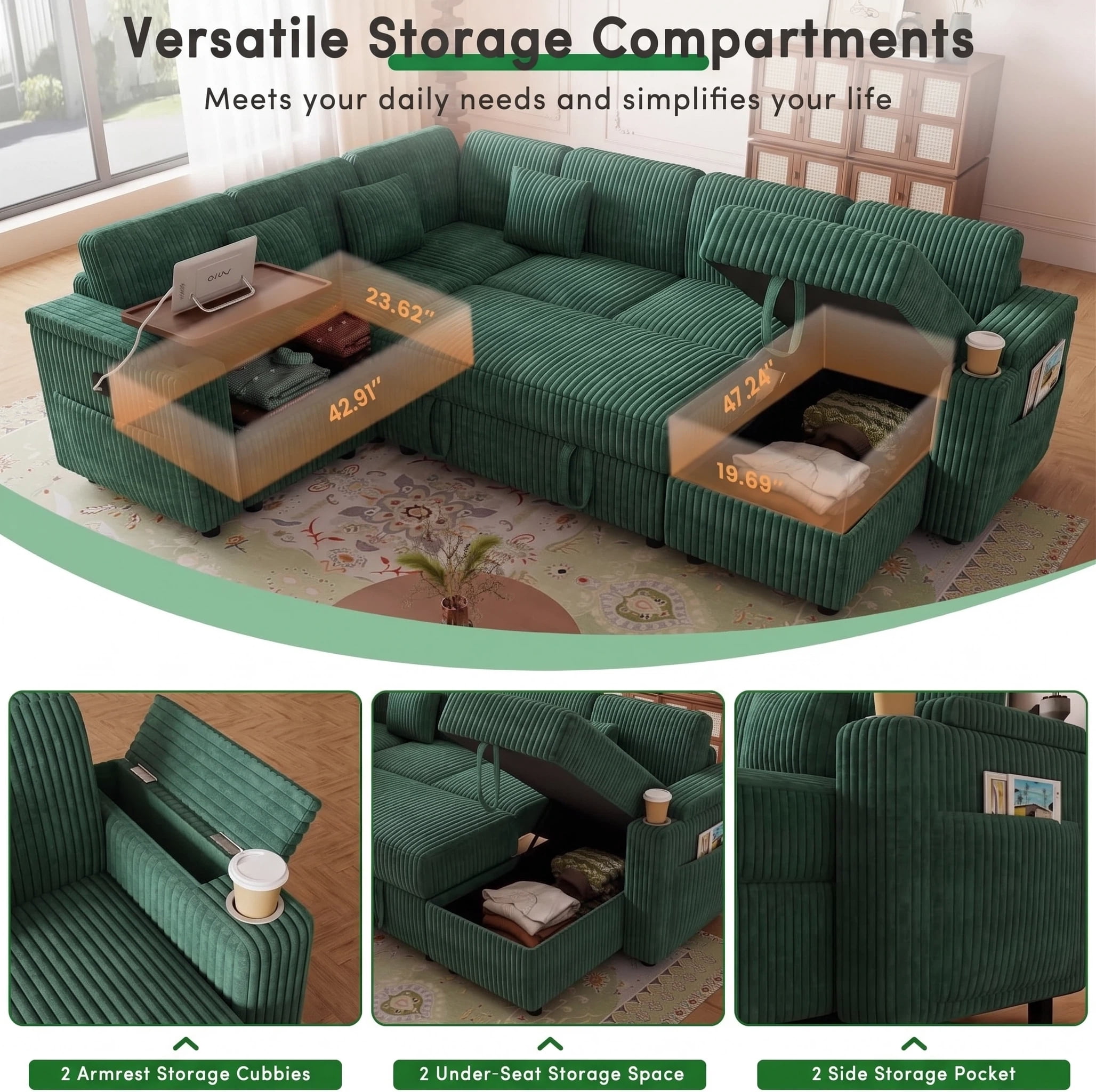 AISWORD 100" Modular U Shaped Sectional Sofa Bed with Pull Out Bed, Large 7‑Seat Convertible Couch with Storage Chaise, USB Charging Ports & Cup Holders, Green