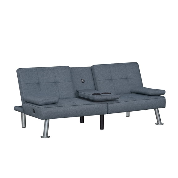 Modern Gray Fabric Upholstered Convertible Futon Sofa Bed with USB Ports & Drop-Down Cupholders Living Room Furniture