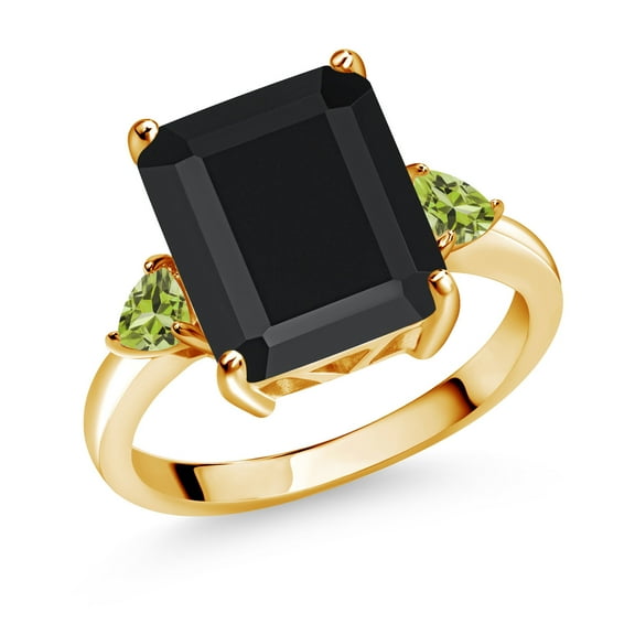 Gem Stone King 6.13 Ct Octagon Black Onyx Green Peridot 18K Yellow Gold Plated Silver 3-Stone Women Engagement Ring (Size 8)