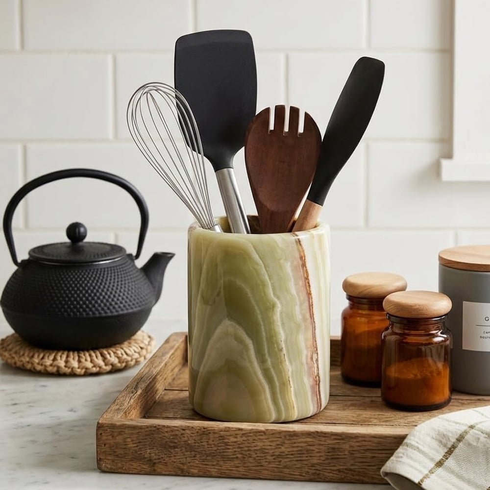 Radicaln Marble Utensil Holder for Kitchen Counter 6.5 inches – Green Onyx Cooking Utensil Organizer, Spoon and Ladle Holder, Kitchen Counter Décor