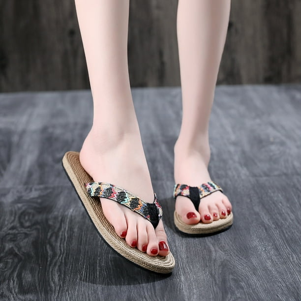 Chanclas de paja de imitación de playa de verano para mujer Chanclas de playa planas de moda Wmkox8yii hj789