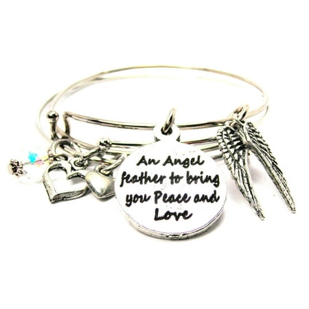 Womens Peace Bracelet - An Angel Feather To Bring You Peace And Love With Pair Of Angel Wings Expandable Bangle Bracelet Set, Fits 7.5 wrist, Exclusive
