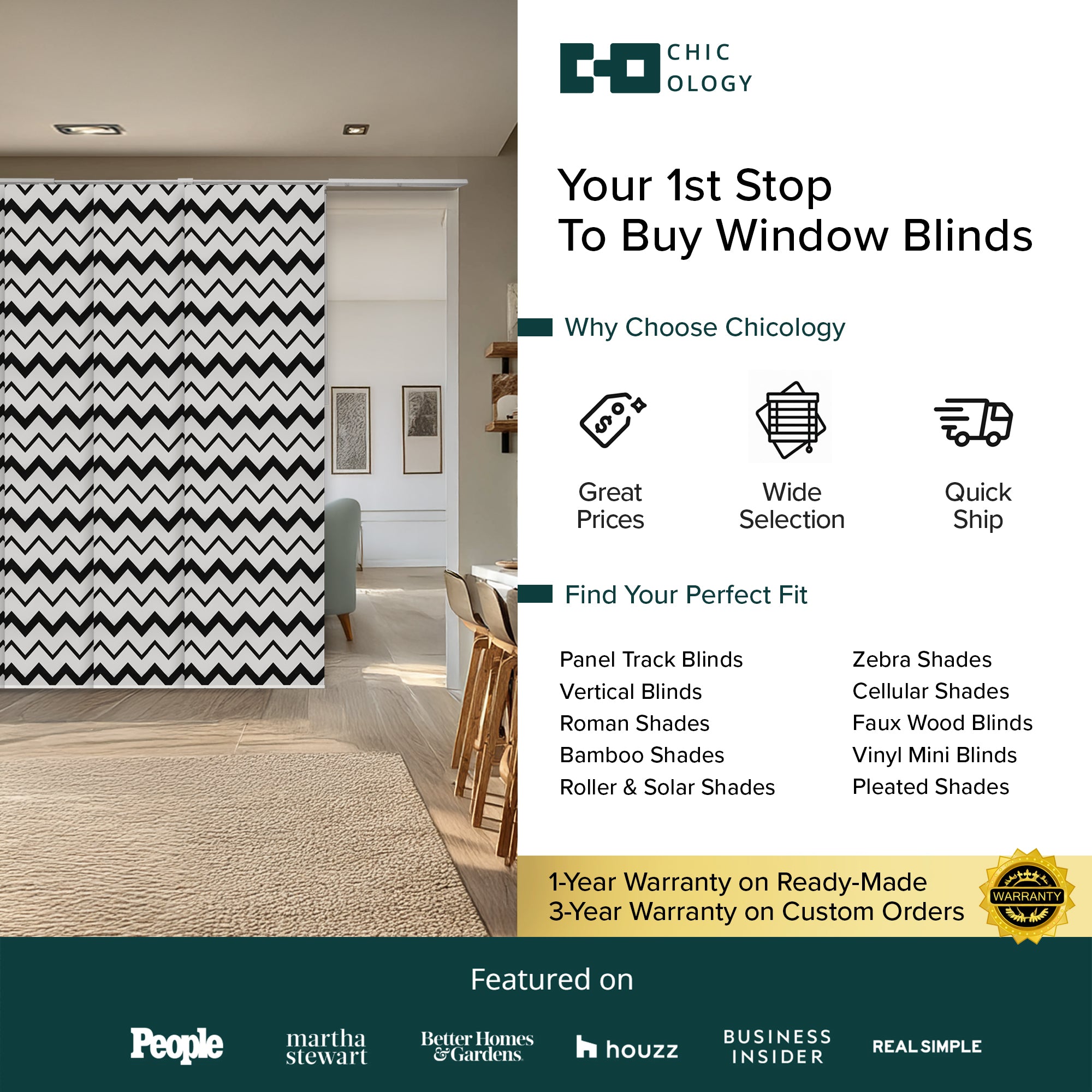 Chicology Adjustable Sliding Panel Blinds. Wave, 46"-86"W X 0"-96"H