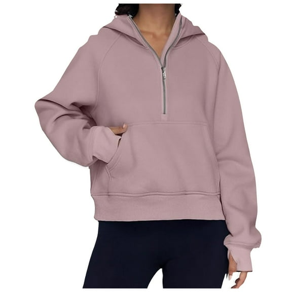 Tunic Tops for Women Loose Fit Casual Long Sleeve Winter Fall Relaxed Hooded Long-sleeved Blouson Off the Shoulder with Pocket Plain Hoodie Cotton Sweatshirts Tops(Light Pink,XL)