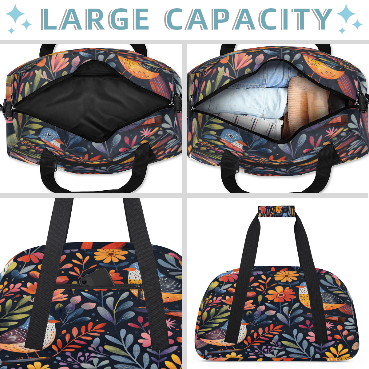 Herdesigns Floral Bird Sports Duffle Bag for Women & Men, Plant with Floral Gym Bag Dance Bag Overnight Bag Carry On Weekender Travel Bag