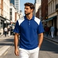 thumbnail image 2 of Fabrcox Men's Polo Shirts Short Sleeve Collared Henley Men's Linen Shirt Lightweight Relaxed Fit Color Block Vacation Athletic Golf Shirts Men Blue XXL, 2 of 7