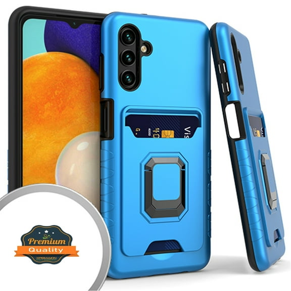 Xpression Case for Samsung Galaxy A13 5G Wallet Credit Card Slot Holder with Metal Ring Kickstand Heavy Duty Shockproof Hybrid Dual Layer Phone Cover [Blue]