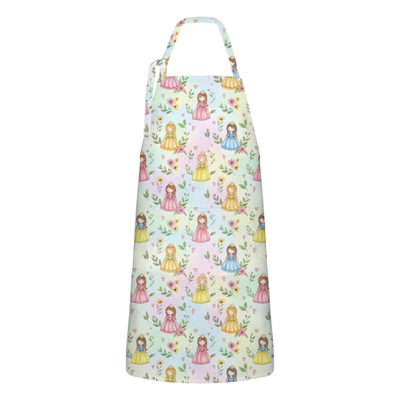 Pastel Princess Flower Pattern Apron-Garden Aprons for Women with Pockets-Cotton Linen Waterproof Kitchen Cooking Gardening Aprons Adjustable for Kitchen,Cooking,BBQ and Salon 33x27 Inch