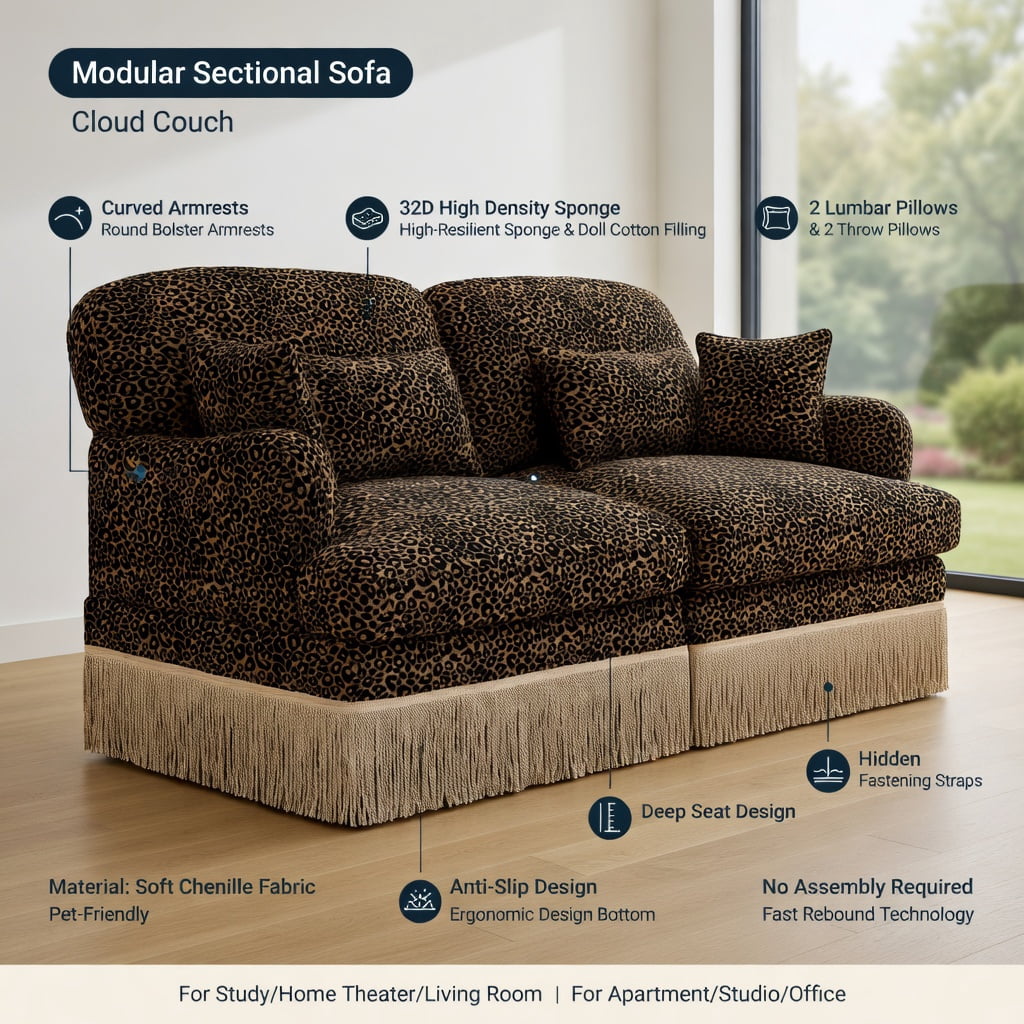 Hommoo 131" U-Shaped Chenille Sofa Set with Leopard Print, Movable Ottomans, Tassel Trim & Ergonomic Deep Seat, Modern Living Room Sectional, Brown