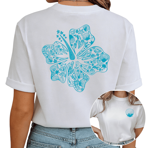White Blue Hawaiian Flower Seashell Print Tshirt Graphic Tees Shirts S-5XL Vacation Streetwear Tops