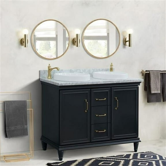 49 in. Double Round Sink Vanity with Carrara Marble Top, Dark Gray & White