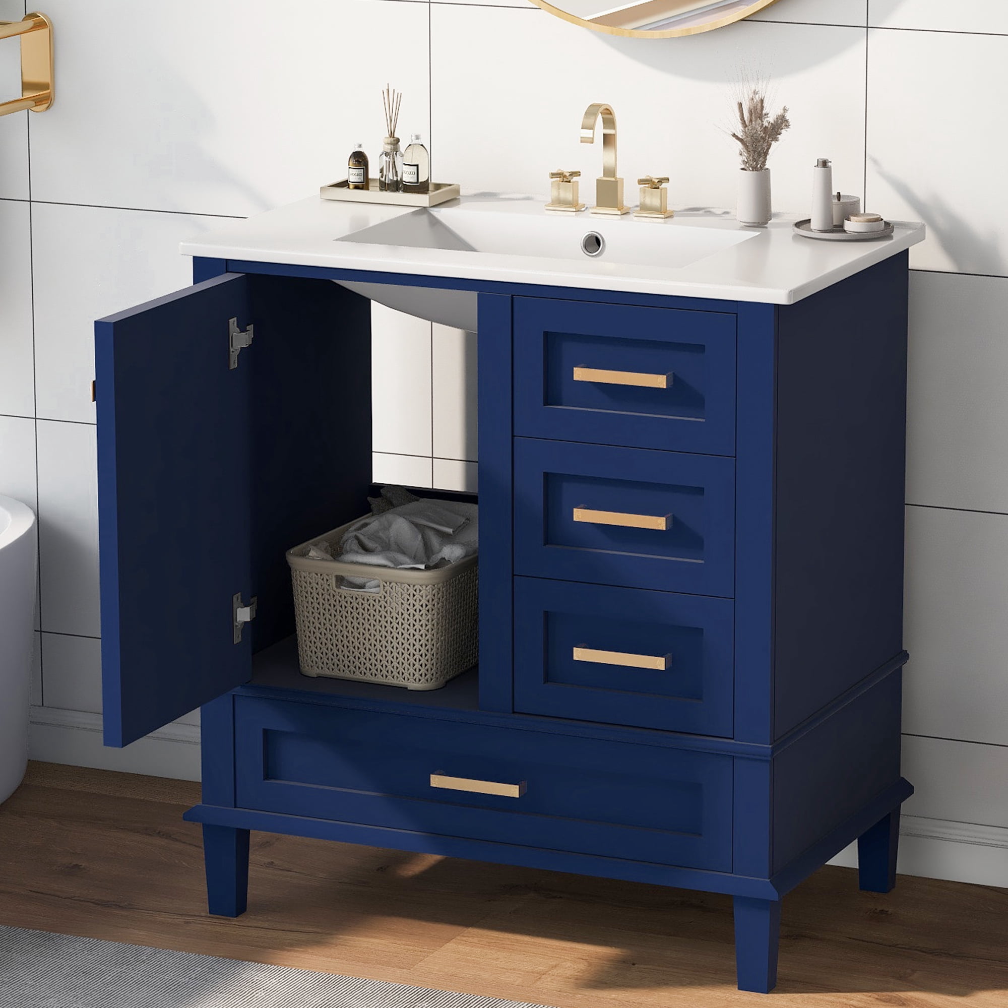 Harper & Bright Designs 30" Bathroom Vanity, Bathroom Cabinet with Sink Combo Set, Bathroom Storage Cabinet with Soft Closing Door and 3 Drawers, Blue