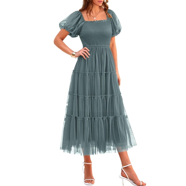 Vestido PRETTYGARDEN Midi de Tul con Fruncido y Mangas Abullonadas en Salvia S
