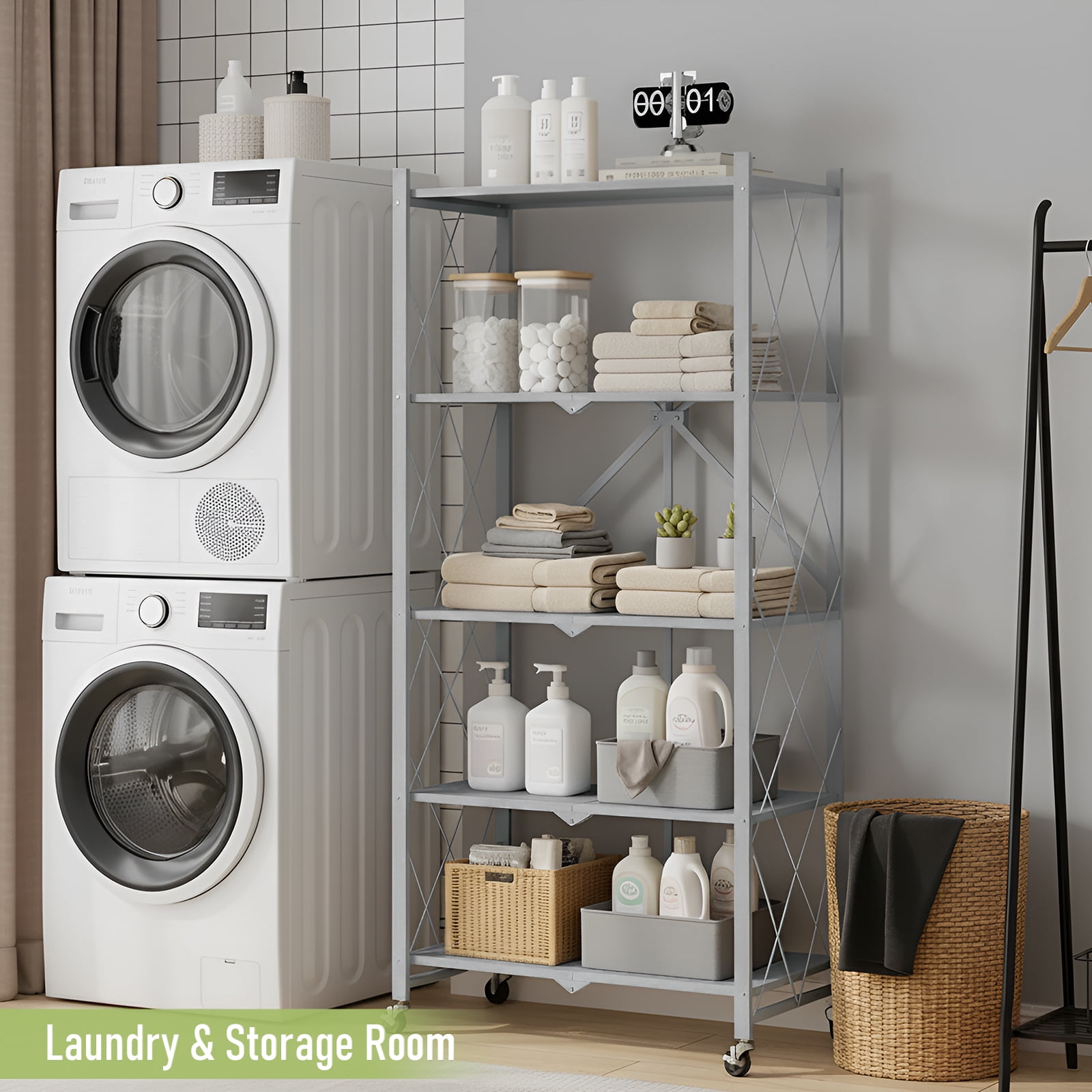 Foldable Shelves with Wheels, 5-Shelf Folding Metal Rack Organizer for Kitchen Garage Basement, Large Capacity Rolling Storage Shelf, Easy Fold & Roll, Gray