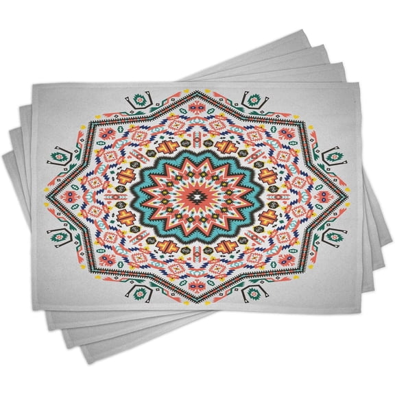 Tribal Place Mats Set of 4, Abstract Style Themed Boho Sun Pattern Art Print on Greyscale Background, Washable Fabric Placemats for Dining Table, Standard Size, Turquoise Coral