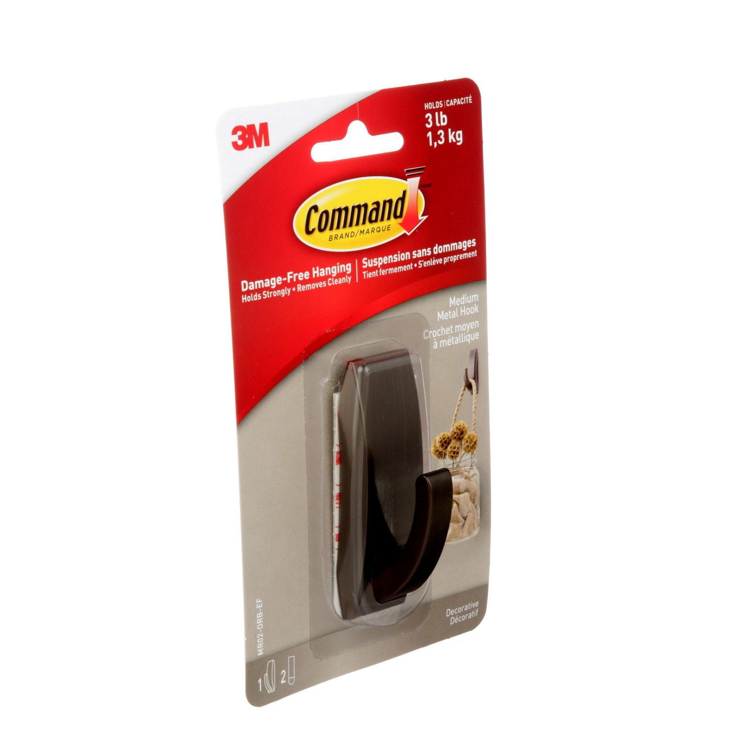 Command™ Modern Reflections Metal Hook, MR02-ORB-EF, oil rubbed bronze, medium, 1 hook, 2 strips, 1 M Hook, 1 Strip
