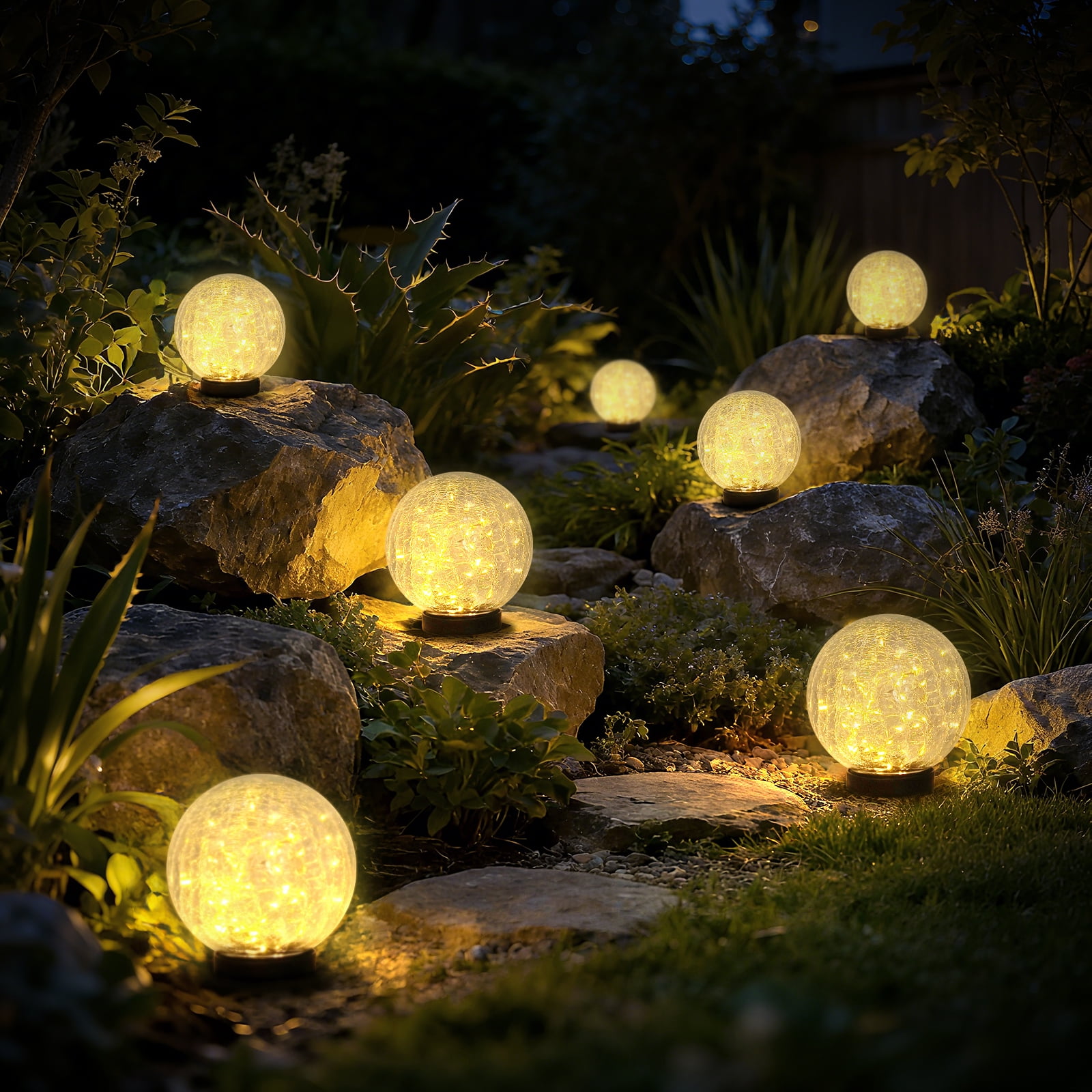 Garden Solar Ball Lights Outdoor Waterproof, 50 LED Cracked Glass Globe Solar Powered Ground Lights for Path Yard Patio Lawn - Solar Lights Outdoor, Christmas Decoration Landscape Warm White (2 Pack)