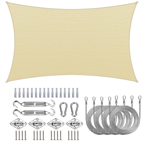 ColourTree Beige Rectangle Sun Shade Sail Canopy with Hardware Kit   Cables - UV Block, Water Permeable, Heavy-Duty Outdoor Awning for Patio, Garden, Yard