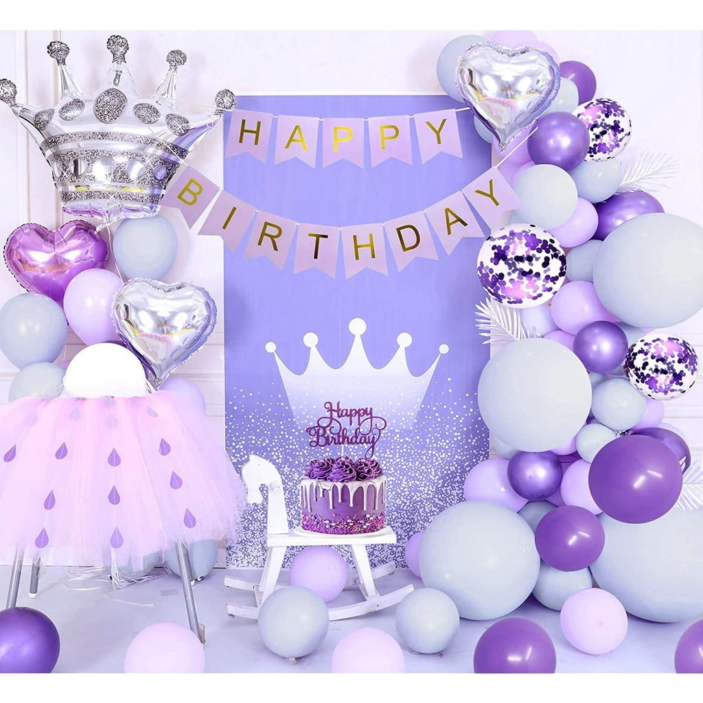 AOWEE Purple Balloon Arch Decoration, Pastel Macaron Purple White Grey Balloon Garland with Happy Birthday Banner Confetti Balloon Heart Balloon for Girl Birthday Baby Shower