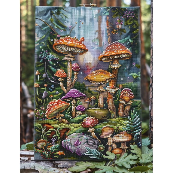 Colorful Mushrooms Forest DIY 11CT Stamped Cross Stitch Kits for Beginners Easy Needlepoint Embroidery Counted Cross Stitch Art Craft for Wall Decoration 12x16inch(2)