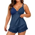 thumbnail image 5 of Fengactive Womens Plus Size Lace Satin Set Double Strap V Neck Top and Lace Hem Shorts Sleepwear, 5 of 7
